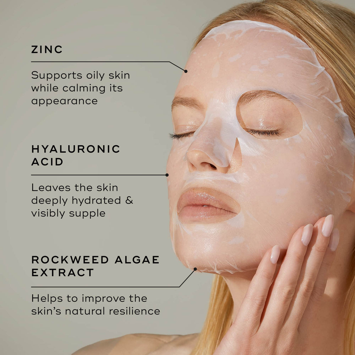 A woman uses Medik8's Ultimate Recovery™ Bio-Cellulose Mask, infused with zinc for oily skin, hydrating hyaluronic acid, and rockweed algae extract for resilience. Perfect for sensitive skin care, this mask offers a soothing experience and enhanced benefits.