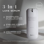 Medik8's r-Retinoate® Day & Night serum on a marble surface, highlighting its anti-aging power with encapsulated retinyl retinoate, stabilized vitamin C, and hyaluronic acid.