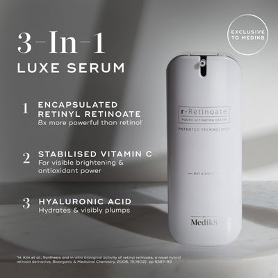 Medik8's r-Retinoate® Day & Night serum on a marble surface, highlighting its anti-aging power with encapsulated retinyl retinoate, stabilized vitamin C, and hyaluronic acid.