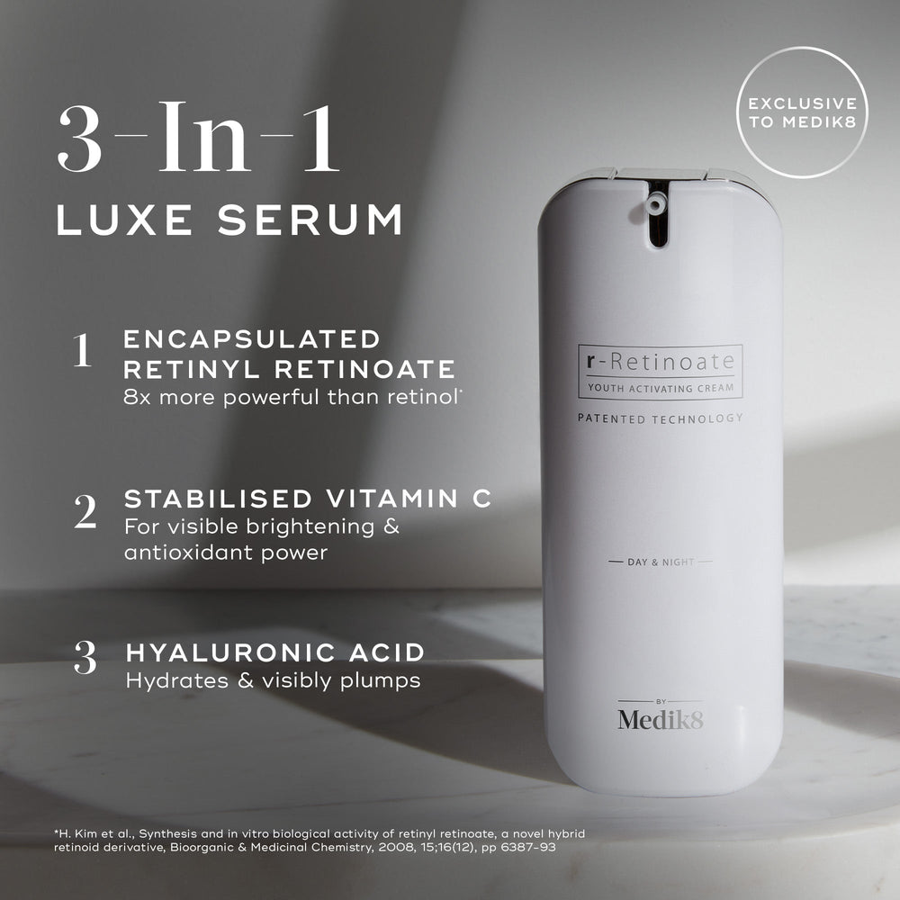 Medik8's r-Retinoate® Day & Night serum on a marble surface, highlighting its anti-aging power with encapsulated retinyl retinoate, stabilized vitamin C, and hyaluronic acid.