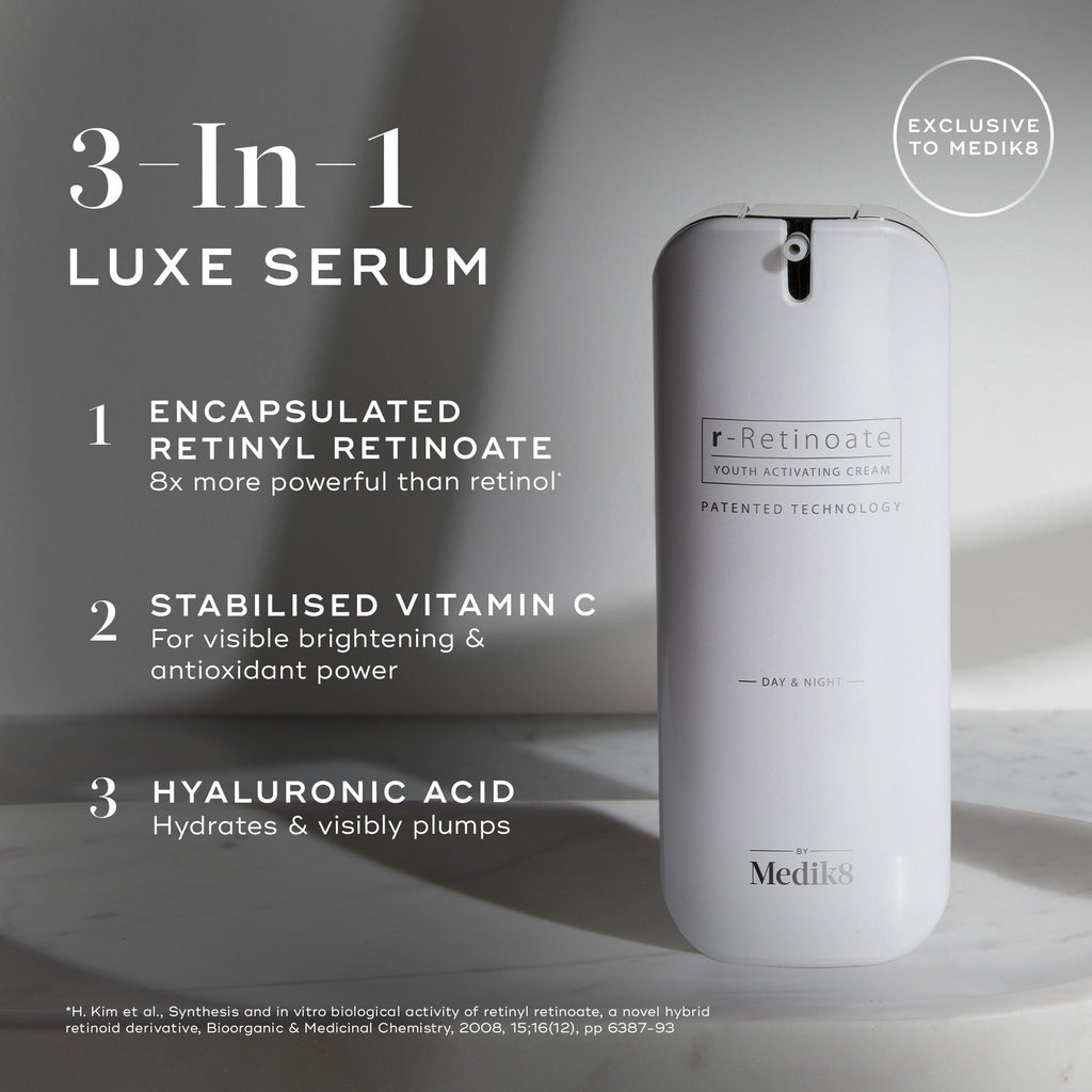Medik8's r-Retinoate® Day & Night serum on a marble surface, highlighting its anti-aging power with encapsulated retinyl retinoate, stabilized vitamin C, and hyaluronic acid.