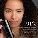 A person holds a black r-Retinoate® Intense bottle by Medik8, smiling. Text claims 91% of users noticed smoother skin and wrinkle reduction after one use, based on a study of 52 participants over four weeks.