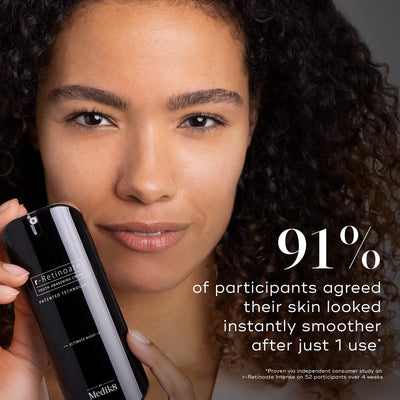 A person holds a black r-Retinoate® Intense bottle by Medik8, smiling. Text claims 91% of users noticed smoother skin and wrinkle reduction after one use, based on a study of 52 participants over four weeks.