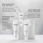 Displayed are three Medik8 products: Advanced Day Eye Protect™ with SPF 30 for wrinkle prevention, Total Protect light cream with SPF 30, and Ultimate Protect offering SPF 50+ and a DNA repair enzyme for comprehensive care.