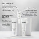 Three Medik8 skincare products displayed on a podium include Advanced Day Eye Protect, Advanced Day Ultimate Protect, and Advanced Day Total Protect™. Each provides SPF 30 for optimal environmental protection and radiant skin.