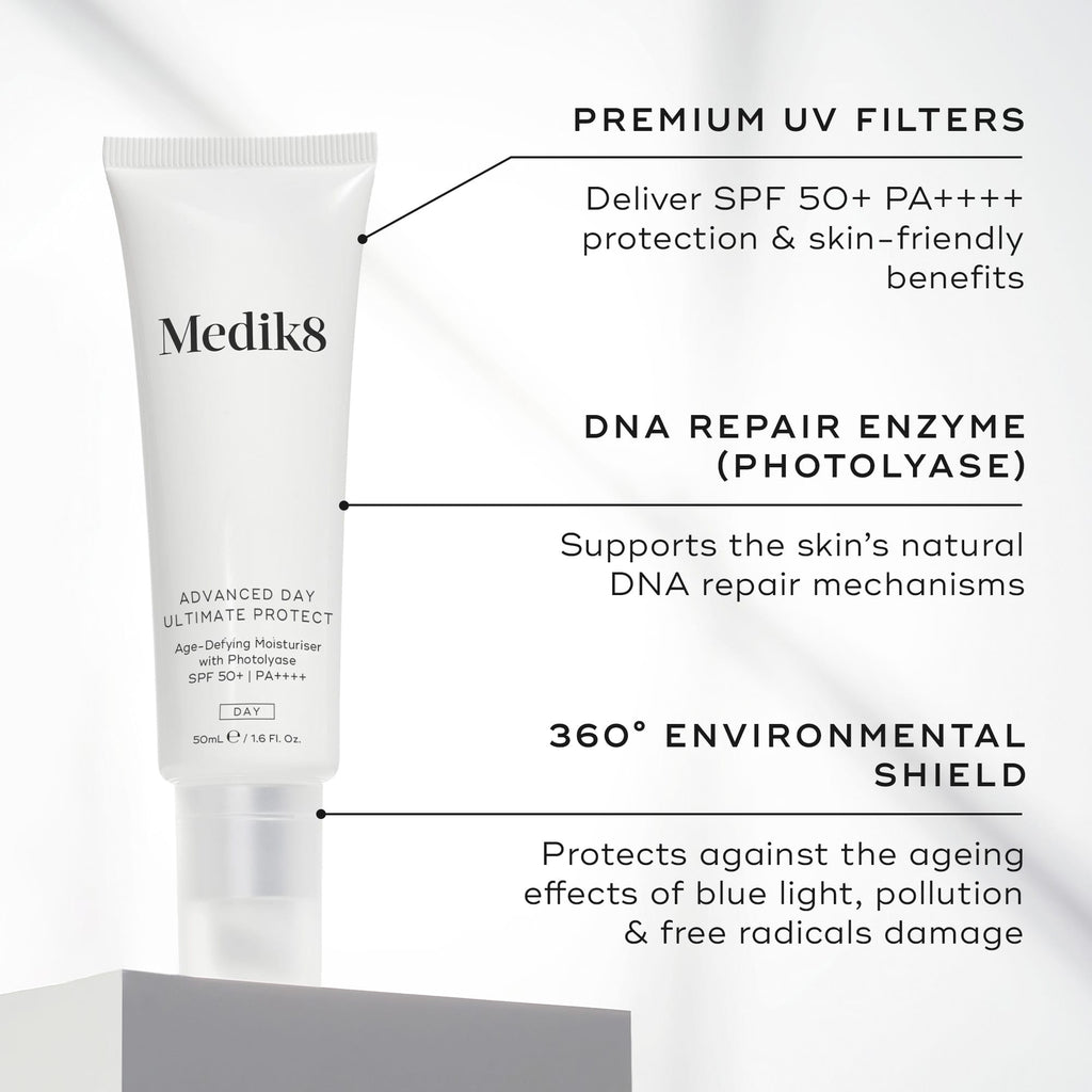 Tube of Medik8's Advanced Day Ultimate Protect™, offering SPF 50+, DNA repair enzymes, and an environmental shield, with a non-comedogenic finish.