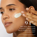 A person applies cream to their face. Text reads: "94% felt Medik8's Daily Radiance Vitamin C™ SPF 30 feels more like a moisturizer than sunscreen, offering antioxidant protection.