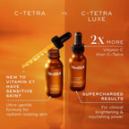 Two Medik8 C-Tetra® (Travel Size) bottles, one named C-Tetra Luxe with an eyedropper, feature antioxidant serum magic. They highlight vitamin C, ultra-gentle formula, and supercharged results to effectively combat signs of aging.