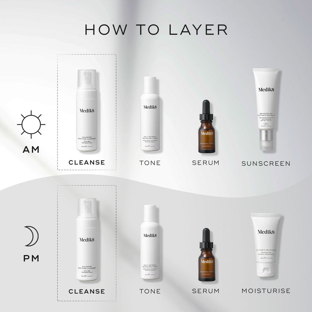 Explore Medik8's skincare layering guide with Calmwise™ Soothing Cleanser for compromised skin. Start your AM routine by cleansing, toning, applying serum, and using sunscreen; switch to moisturizer for PM. Includes product visuals to elevate your regimen.