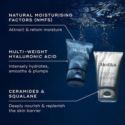 Two H.E.O.® Mask tubes from Medik8 float underwater: one labeled with moisturizing factors and hyaluronic acid, the other with ceramides and squalane. Labels promise skin hydration and plump-skin benefits, ideal for an overnight treatment mask.