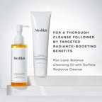 Medik8's Lipid-Balance Cleansing Oil™ and Surface Radiance Cleanse are elegantly arranged on a white backdrop, highlighting their makeup removal and anti-pollution benefits. Transform your skincare routine with these radiance-boosting products.