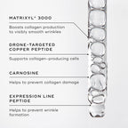 The image features Medik8's Liquid Peptides™ (Travel Size), a test tube filled with a potent cocktail including Matrixyl 3000, Drone-Targeted Copper Peptide, Carnosine, and Expression Line Peptide for targeted benefits against expression lines and wrinkles.