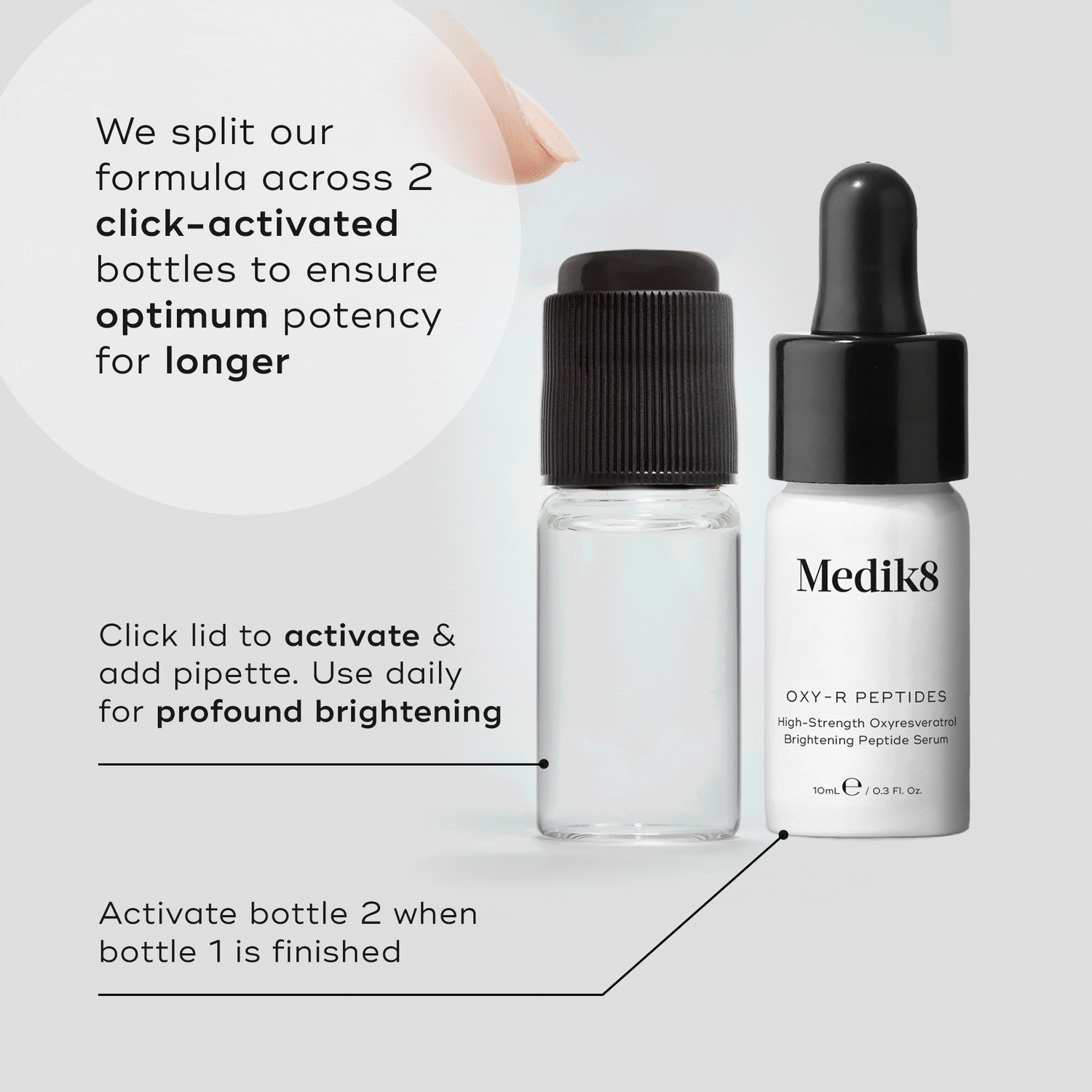 Two bottles are included: one with clear liquid and a black cap, the other labeled "Medik8 Oxy-R Peptides™" featuring a dropper. This potent peptide serum, designed to target dark spots, is infused with oxyresveratrol and includes detailed instructions for use.