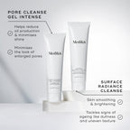 Two tubes of skincare products are shown on a neutral background. Left: Medik8 Pore Cleanse Gel™ Intense with AHA/BHA complex. Right: Surface Radiance Cleanse. Text emphasizes benefits like reducing oil, minimizing pores, and brightening skin.