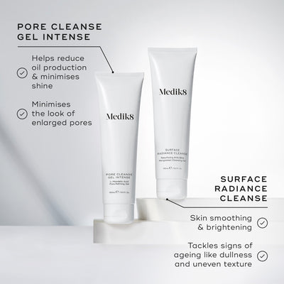 Two tubes of skincare products are shown on a neutral background. Left: Medik8 Pore Cleanse Gel™ Intense with AHA/BHA complex. Right: Surface Radiance Cleanse. Text emphasizes benefits like reducing oil, minimizing pores, and brightening skin.