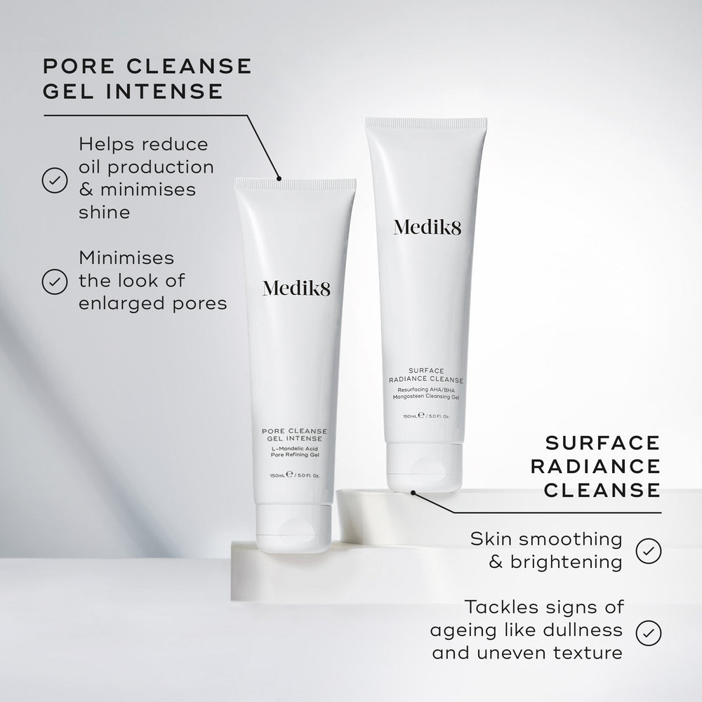 Two tubes of skincare products are shown on a neutral background. Left: Medik8 Pore Cleanse Gel™ Intense with AHA/BHA complex. Right: Surface Radiance Cleanse. Text emphasizes benefits like reducing oil, minimizing pores, and brightening skin.