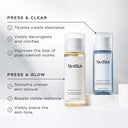 Two Medik8 Press & Clear™ bottles on a white surface, highlighting benefits: tackles blemishes, evens skin tone, boosts radiance, and improves post-blemish marks—perfect for blemish-prone skin.