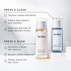 Two Medik8 Press & Glow® bottles with captions highlighting benefits like tackling blemishes, enhancing radiance, and evening skin tone. The inclusion of polyhydroxy acid ensures an acid toner effect for effortlessly glowing skin.