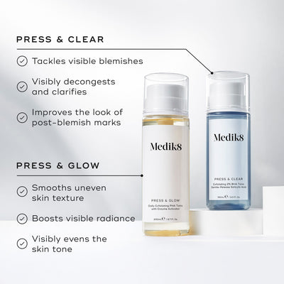 Two Medik8 Press & Glow® bottles with captions highlighting benefits like tackling blemishes, enhancing radiance, and evening skin tone. The inclusion of polyhydroxy acid ensures an acid toner effect for effortlessly glowing skin.