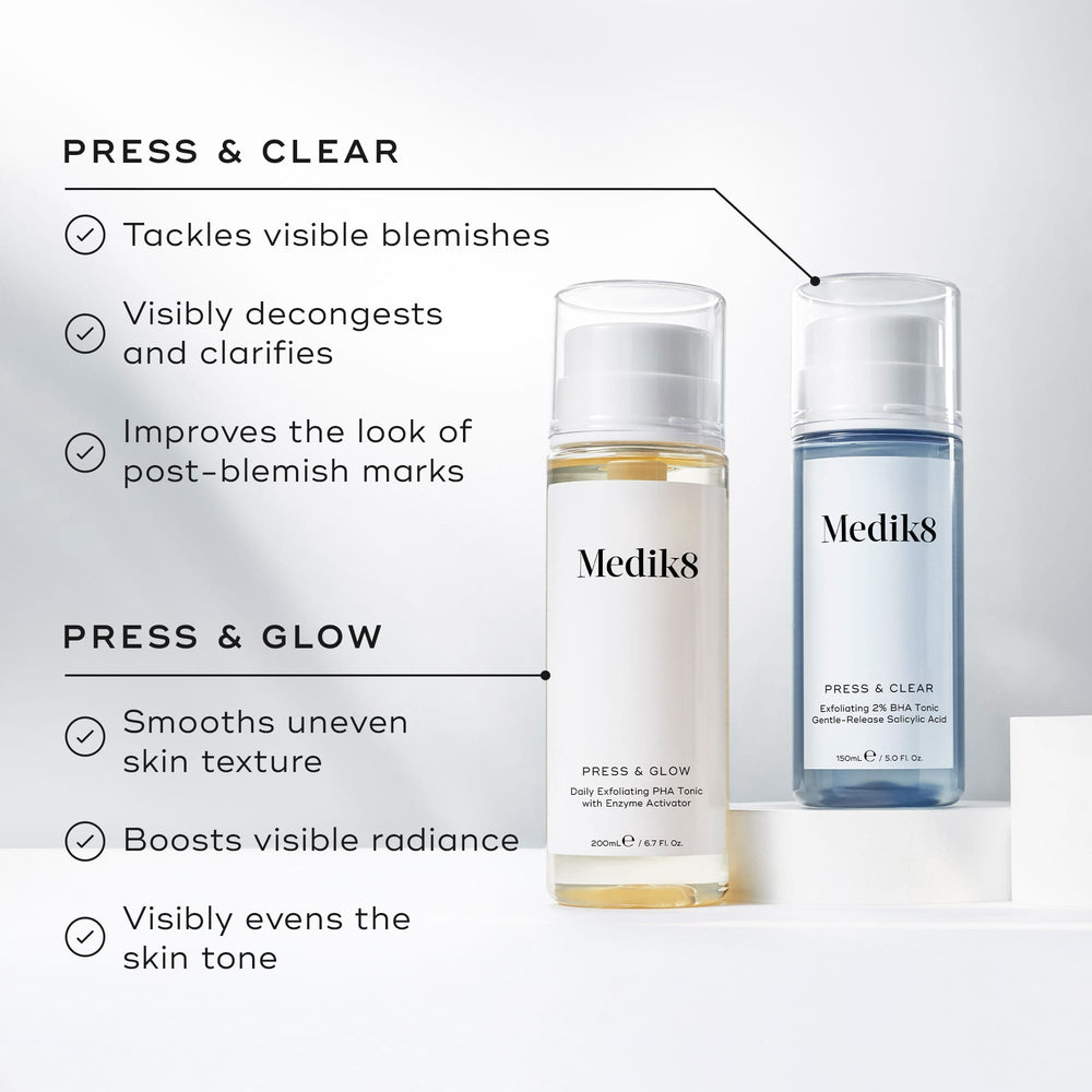 Medik8's Press & Glow™ Travel Size and Press & Clear feature exfoliating poly hydroxy acids ideal for sensitive skin, providing benefits like blemish reduction, even skin tone, enhanced radiance, and improved post-blemish appearance.