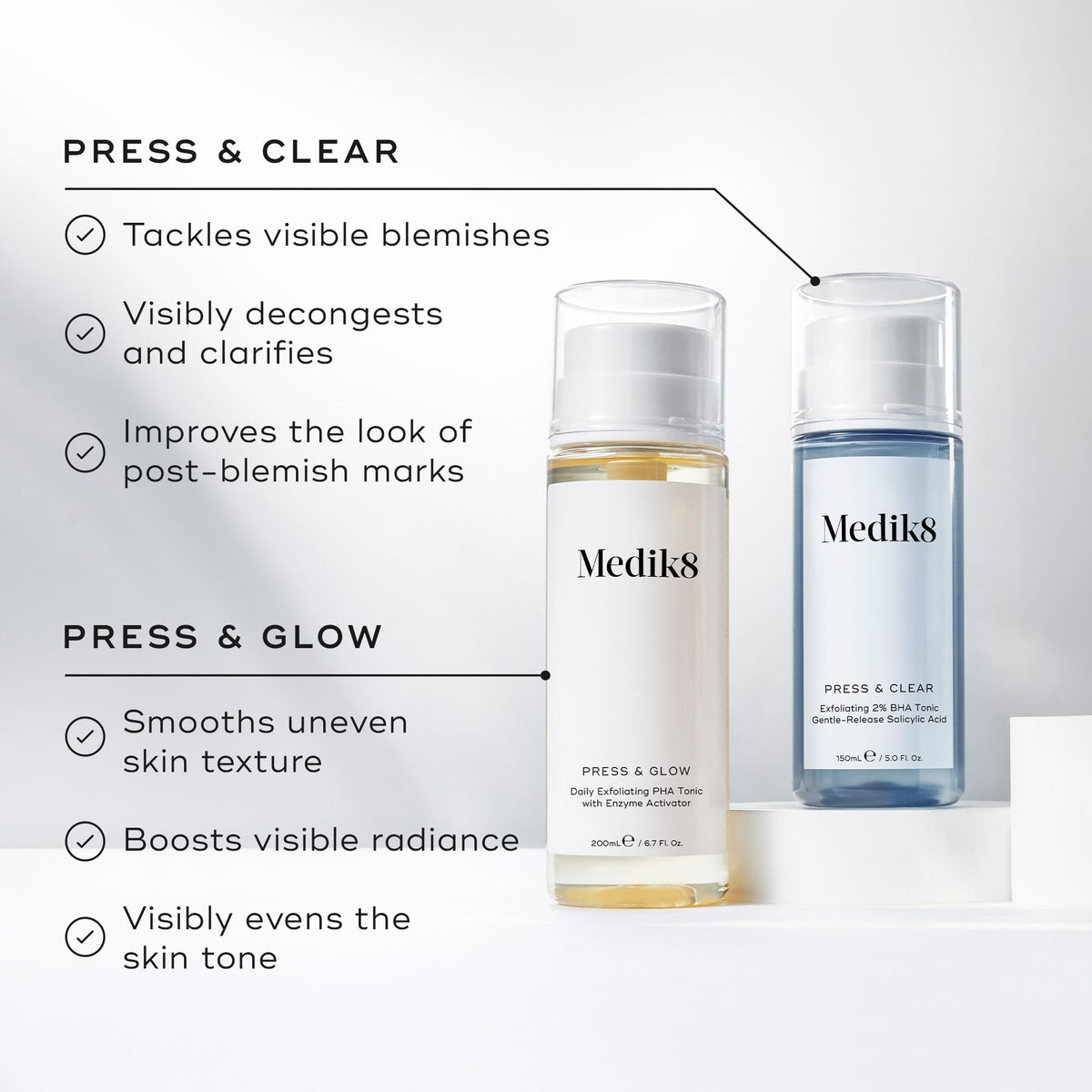 Medik8's Press & Glow™ Travel Size and Press & Clear feature exfoliating poly hydroxy acids ideal for sensitive skin, providing benefits like blemish reduction, even skin tone, enhanced radiance, and improved post-blemish appearance.