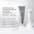 Two skincare products, Sleep Glycolic™ by Medik8 and Crystal Retinal, are showcased on white platforms. Pair them for ultimate skin revitalization with smoothing and brightening glycolic acid benefits that offer a gentle AHA peel decongestion.