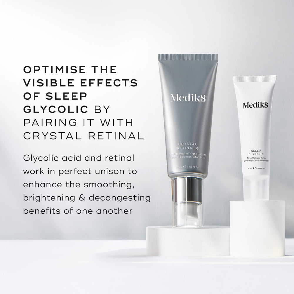 Two skincare products, Sleep Glycolic™ by Medik8 and Crystal Retinal, are showcased on white platforms. Pair them for ultimate skin revitalization with smoothing and brightening glycolic acid benefits that offer a gentle AHA peel decongestion.