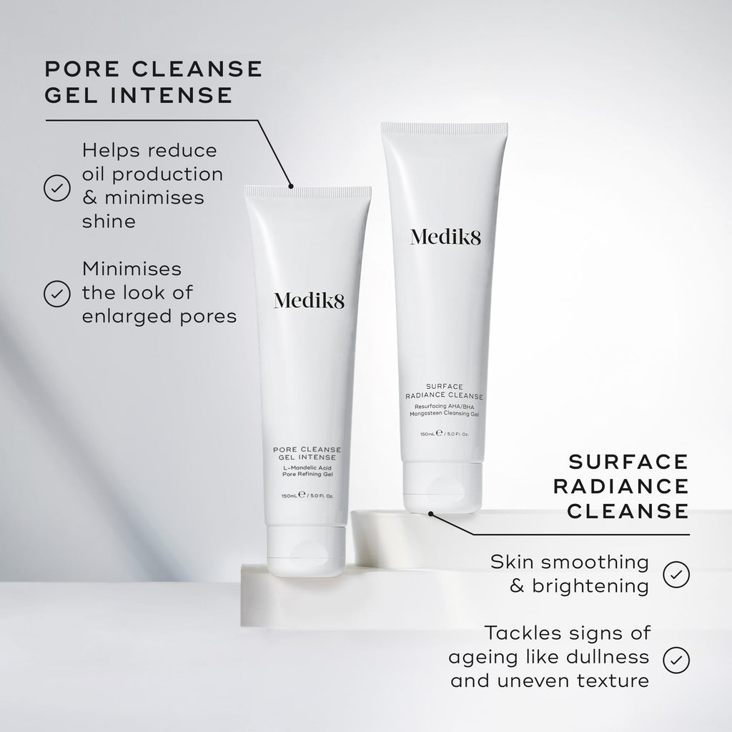 Two Medik8 skincare tubes are displayed: Pore Cleanse Gel reduces oil and pores, while Surface Radiance Cleanse™ (Travel Size) uses an AHA/BHA complex to smooth skin, brighten complexion, and address signs of aging.