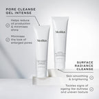 Two white tubes labeled "Pore Cleanse Gel Intense" and "Surface Radiance Cleanse™" by Medik8 rest on a pristine surface, showcasing the benefits of an exfoliating cleanser with an AHA/BHA complex that reduces oil and enhances skin brightness.