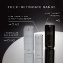 The image shows three r-Retinoate® Medik8 skincare products: Day & Night, Day & Night Eye Serum, and Intense, showcasing retinyl retinoate's power on an elegant reflective surface.