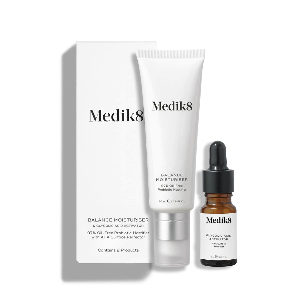 The Medik8 Balance Moisturiser™ & Glycolic Acid Activator™ create the ultimate skincare duo, featuring a sleek white tube and a stylish brown bottle with dropper.