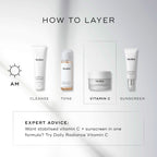 Skincare routine: Cleanse, tone, apply Medik8 C-Tetra® Cream with vitamin C and hyaluronic acid, finish with sunscreen. Expert tip: Use Daily Radiance Vitamin C for sun protection and a luminous complexion.