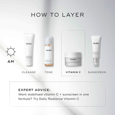 Skincare routine: Cleanse, tone, apply Medik8 C-Tetra® Cream with vitamin C and hyaluronic acid, finish with sunscreen. Expert tip: Use Daily Radiance Vitamin C for sun protection and a luminous complexion.