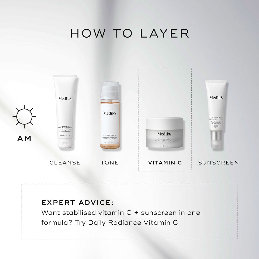 Skincare routine: Cleanse, tone, apply Medik8 C-Tetra® Cream with vitamin C and hyaluronic acid, finish with sunscreen. Expert tip: Use Daily Radiance Vitamin C for sun protection and a luminous complexion.