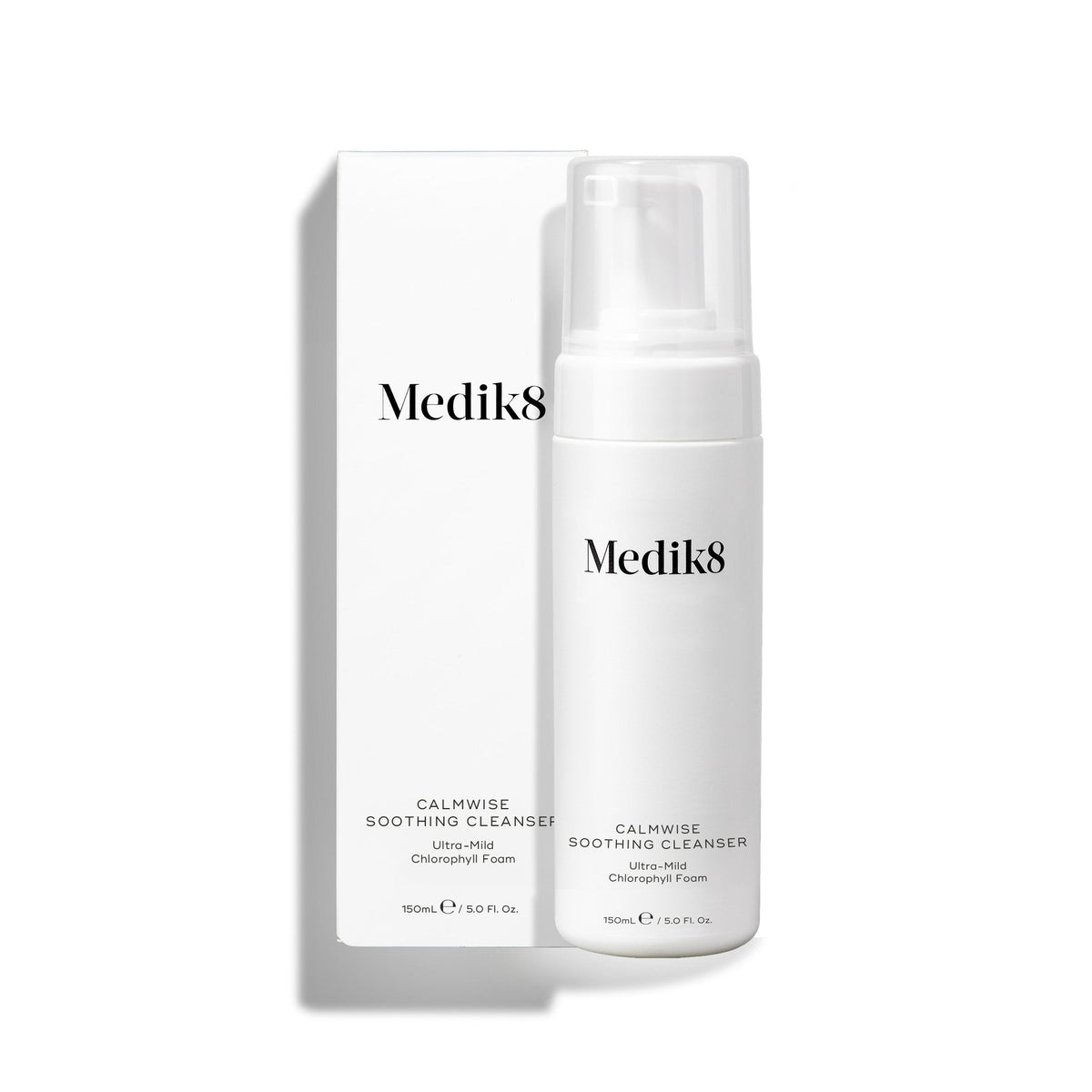 The white bottle of Calmwise™ Soothing Cleanser by Medik8, infused with chlorophyll to soothe compromised skin, comes with a pump dispenser and a matching box. Both feature the brand and product name elegantly in black text.