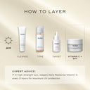 Discover the ultimate skincare layering guide with four Medik8 essentials: cleanser, toner, Daily Radiance Vitamin C™ for antioxidant protection, and SPF 30. Remember to reapply your SPF every 2 hours in strong sun for safety.