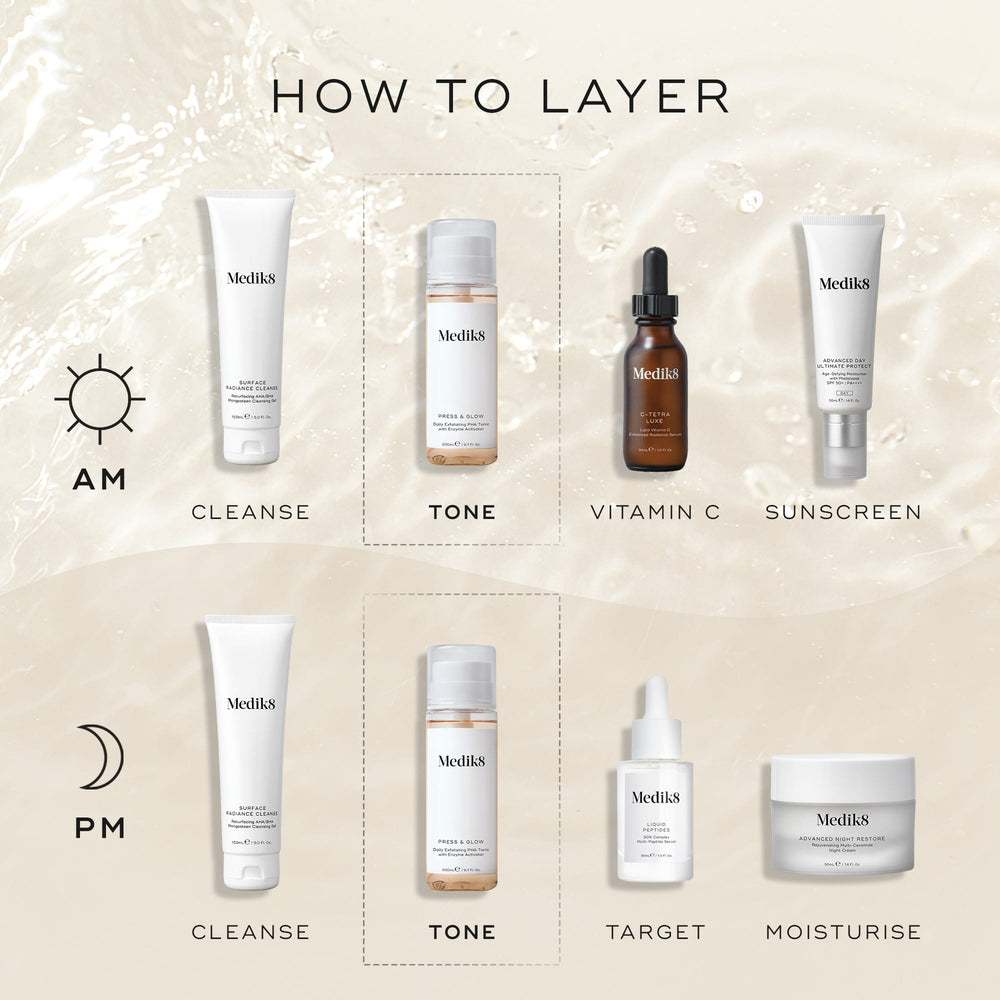 Discover the ultimate skincare routine with Medik8's Press & Glow®. In the AM, cleanse, tone with an acid toner, apply vitamin C, and apply sunscreen. For PM, cleanse again, tone using Press & Glow® for gentle exfoliation, target specific concerns, and moisturize.