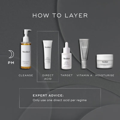 Discover Medik8's "How to Layer" nighttime skincare routine. Start with a cleanse, then use Sleep Glycolic™ or another direct acid, followed by your target treatment, Vitamin A application, and finish with moisturizing. For healthy, effective results, opt for just one direct acid per regimen.