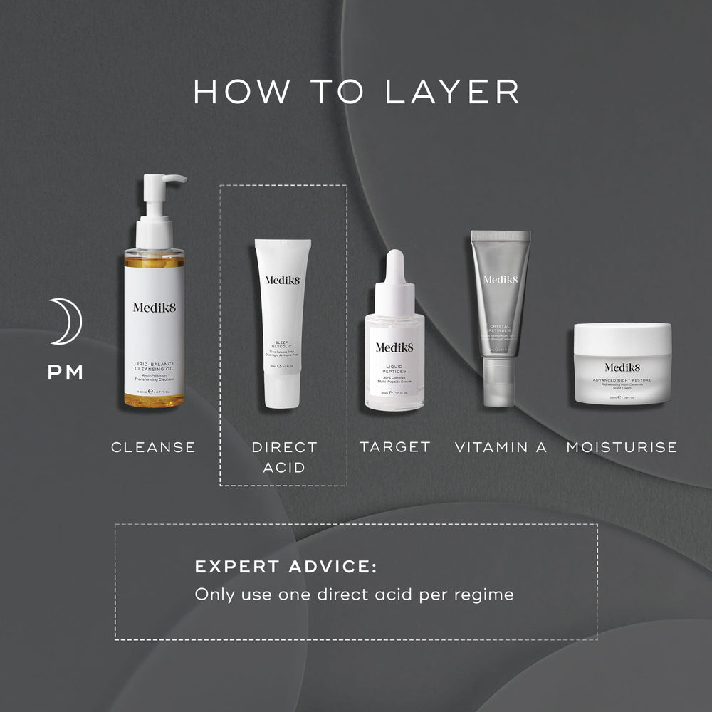 Discover Medik8's "How to Layer" nighttime skincare routine. Start with a cleanse, then use Sleep Glycolic™ or another direct acid, followed by your target treatment, Vitamin A application, and finish with moisturizing. For healthy, effective results, opt for just one direct acid per regimen.