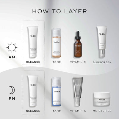 Try Medik8's Surface Radiance Cleanse™ (Travel Size) for a comprehensive skincare routine. Start with this gentle cleanser, follow with an AHA/BHA complex, toner, and Vitamin C plus sunscreen for AM; use toner, Vitamin A, and rich moisturizer for PM. Suitable for layering both morning and evening.