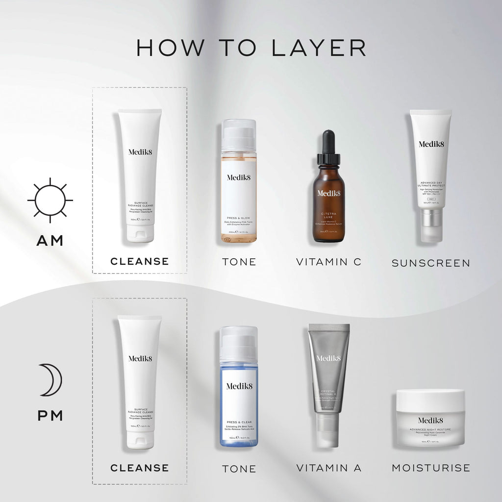 Try Medik8's Surface Radiance Cleanse™ (Travel Size) for a comprehensive skincare routine. Start with this gentle cleanser, follow with an AHA/BHA complex, toner, and Vitamin C plus sunscreen for AM; use toner, Vitamin A, and rich moisturizer for PM. Suitable for layering both morning and evening.