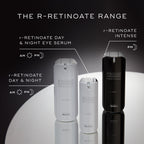 Medik8's r-Retinoate® Intense range, recognized for Vitamin A wrinkle reduction, includes day and night serums and the r-Retinoate Intense formula, all elegantly displayed on a reflective surface.