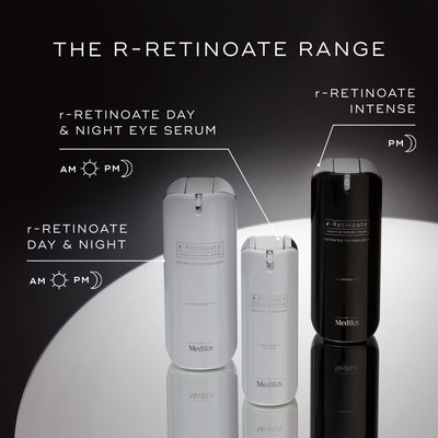 Medik8's r-Retinoate® Intense range, recognized for Vitamin A wrinkle reduction, includes day and night serums and the r-Retinoate Intense formula, all elegantly displayed on a reflective surface.