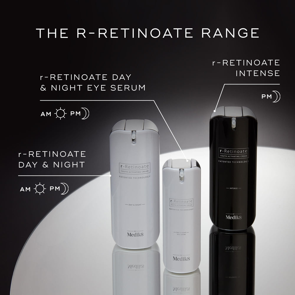 Medik8's r-Retinoate® Intense range, recognized for Vitamin A wrinkle reduction, includes day and night serums and the r-Retinoate Intense formula, all elegantly displayed on a reflective surface.