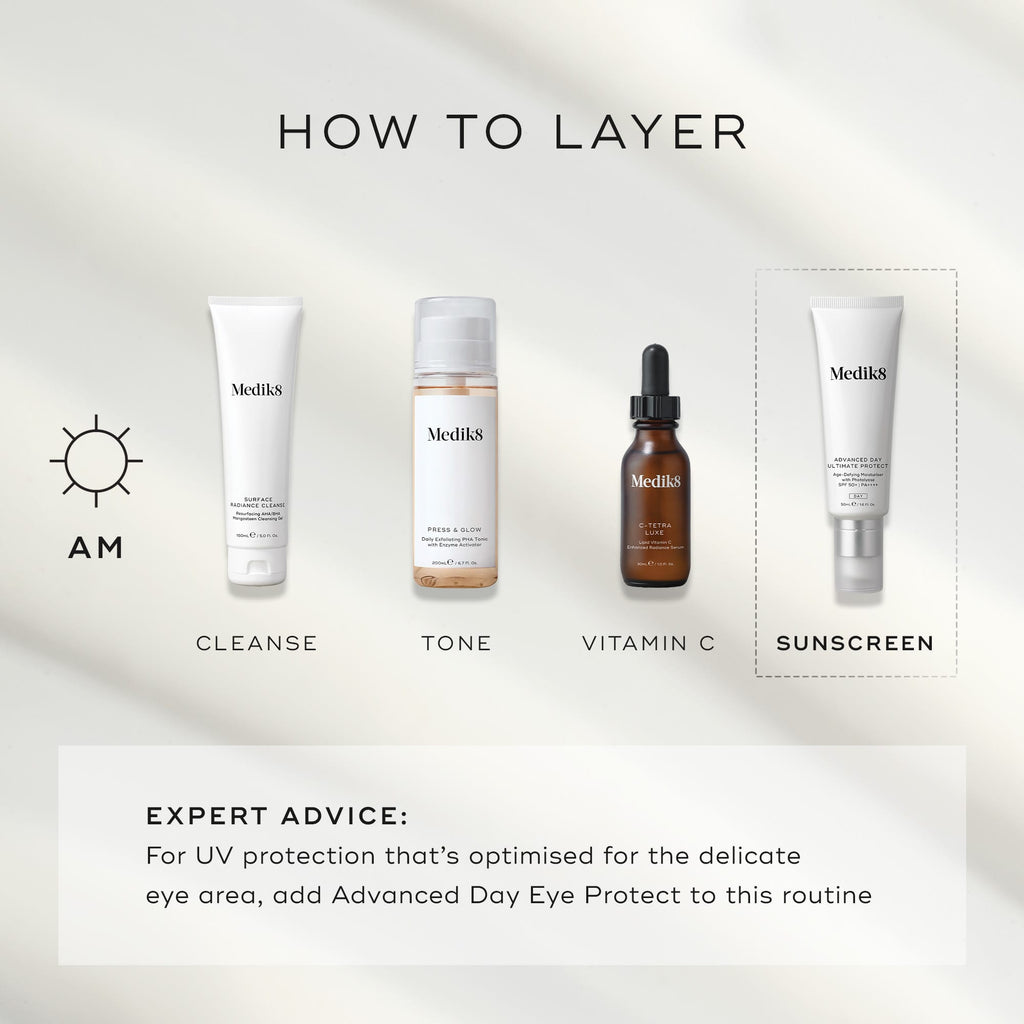 The skincare routine guide "How to Layer" includes four steps: Cleanse, Tone, Vitamin C, and Sunscreen. It offers expert advice on using Medik8's Advanced Day Ultimate Protect™ moisturiser SPF 50+, ensuring a non-comedogenic finish with vital eye protection.