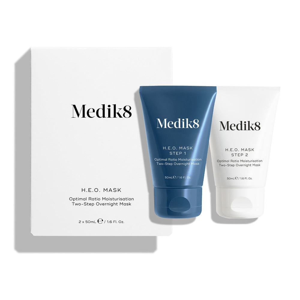 The Medik8 H.E.O.® Mask includes "Step 1" and "Step 2" tubes with the product box, offering an overnight treatment that intensely hydrates skin, leaving it visibly plump and revitalized by morning.