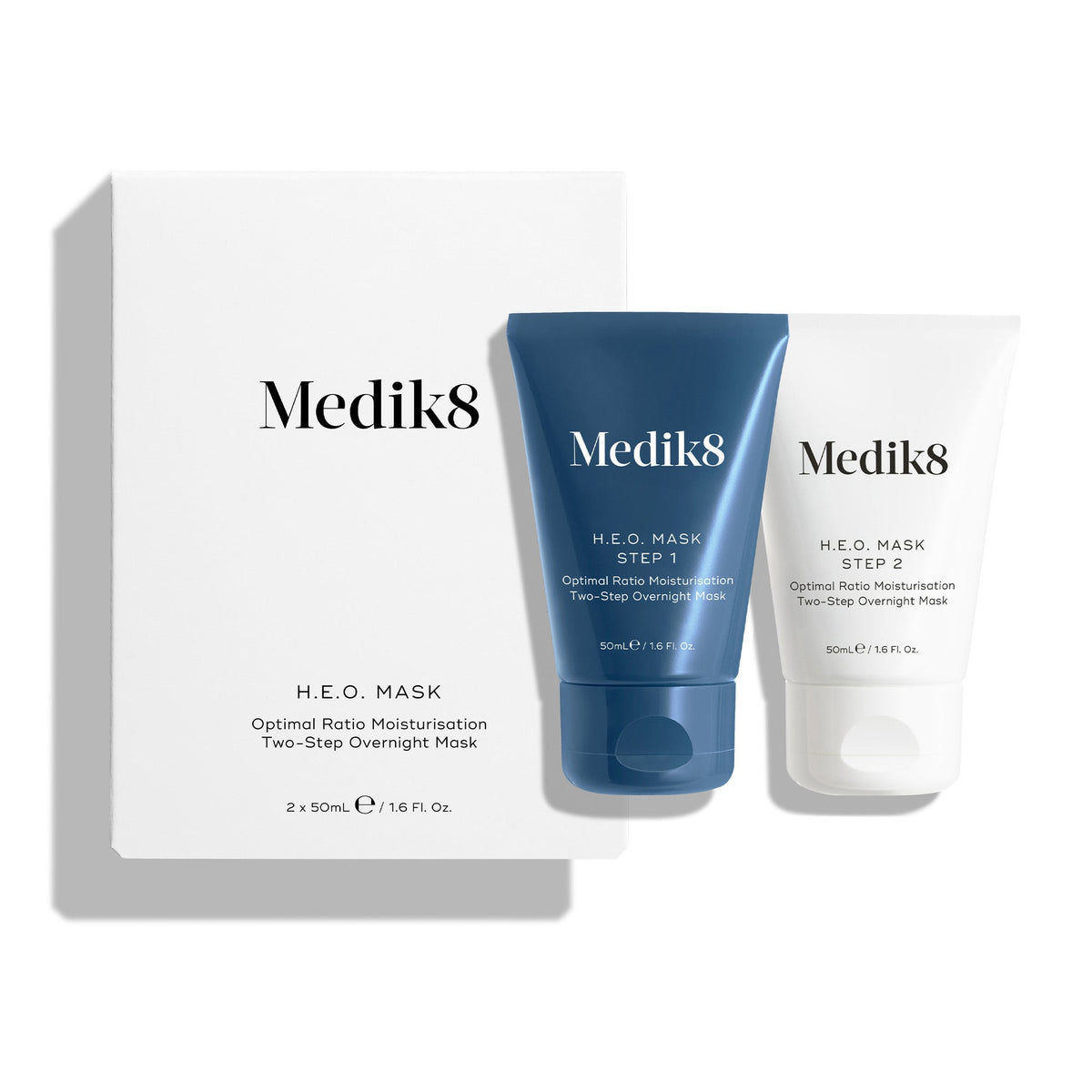 The Medik8 H.E.O.® Mask includes "Step 1" and "Step 2" tubes with the product box, offering an overnight treatment that intensely hydrates skin, leaving it visibly plump and revitalized by morning.