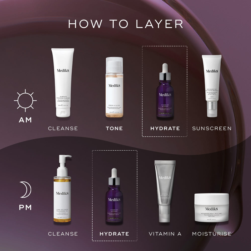 Discover radiant skin with a superfood antioxidant-infused routine. AM: start with a cleanser, toner, Medik8 Hydr8 B5™ Intense hydrator, and sunscreen. PM: cleanse again, apply hyaluronic acid serum for rehydration, finish with Vitamin A and moisturizer.