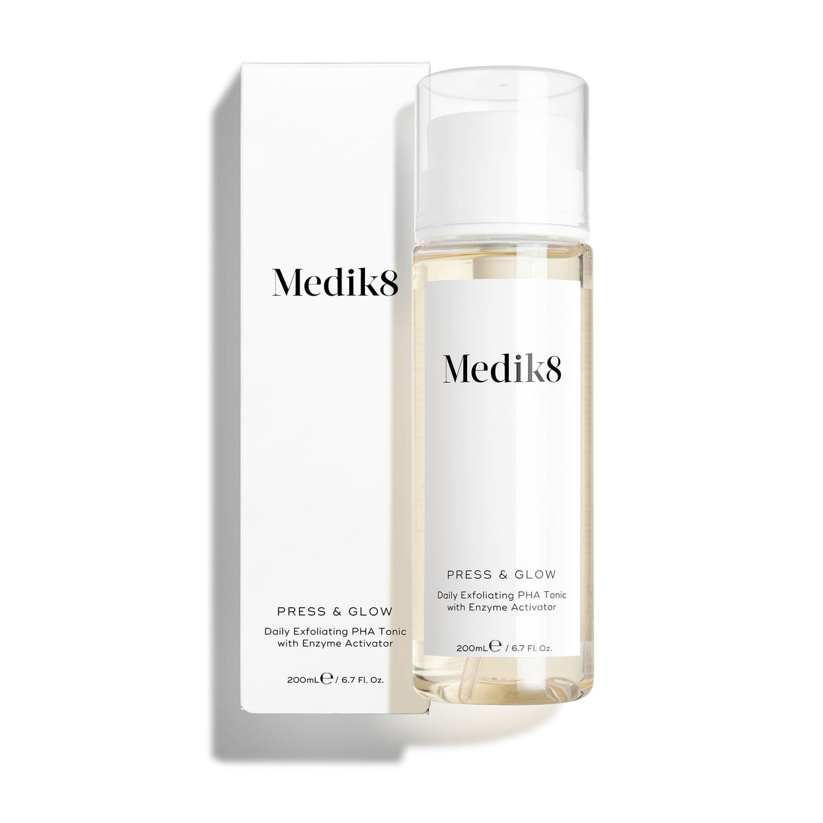 A bottle of Medik8 Press & Glow® sits beside its white box, featuring PHA for radiant skin.