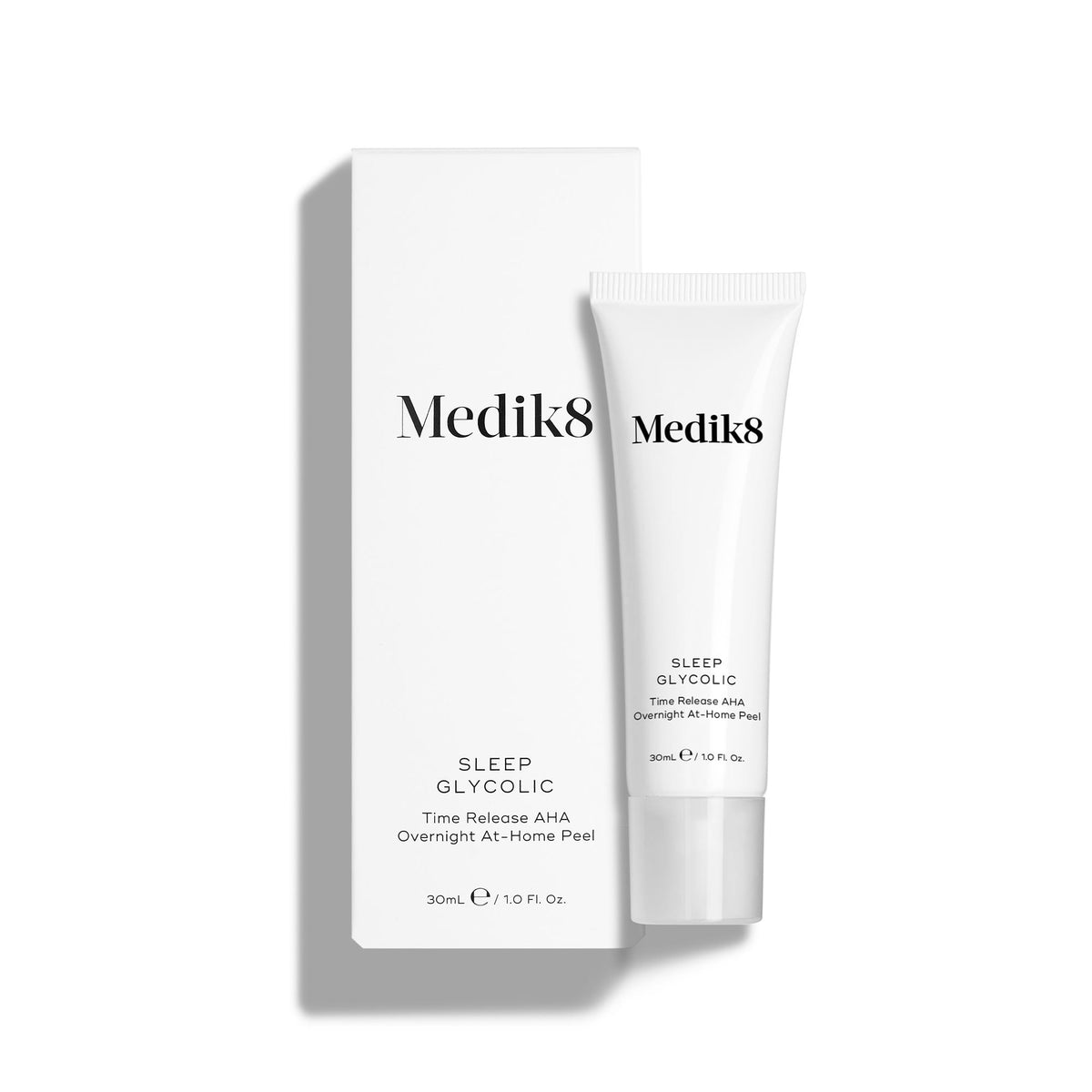 Medik8's Sleep Glycolic™, an overnight at-home peel infused with glycolic acid for revitalizing the skin, is showcased as a 30ml tube and box on a pristine white background.